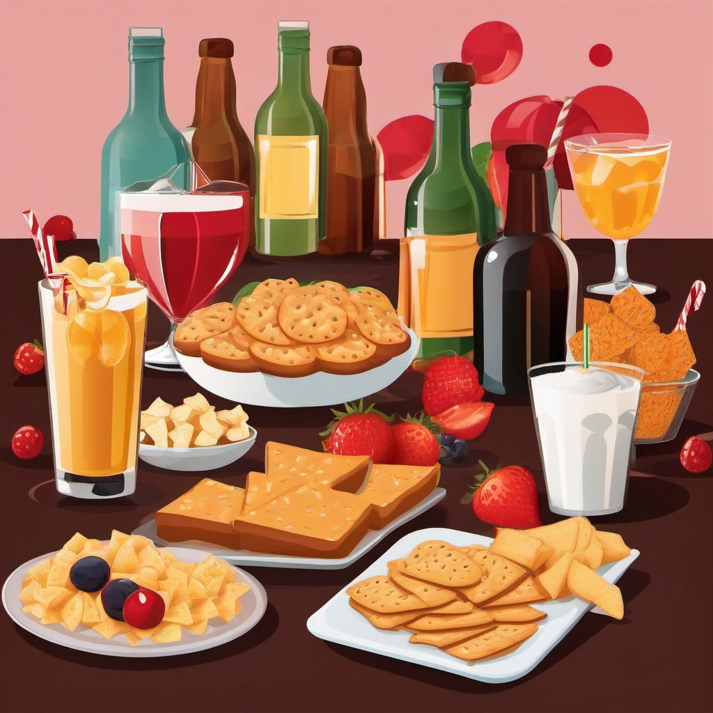 Party table set with snacks and drinks clipart.  vector style illustration, white background