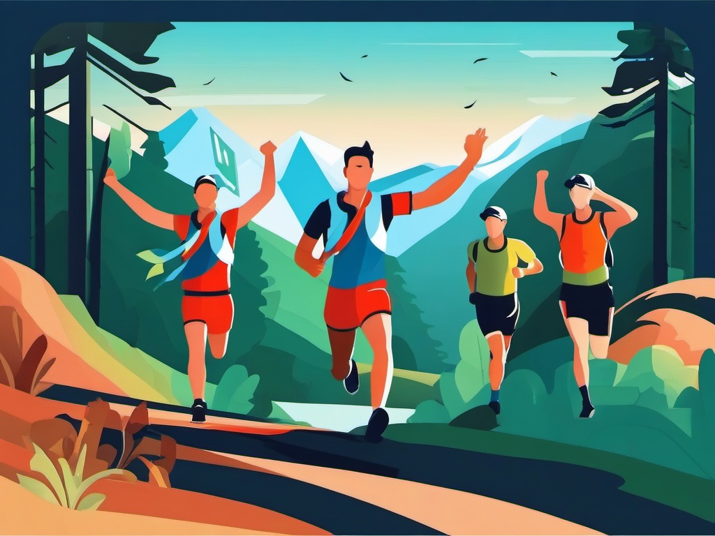 Mountain Trail Running Victory Clipart - Trail runners celebrating victory at the finish line.  color vector clipart, minimal style