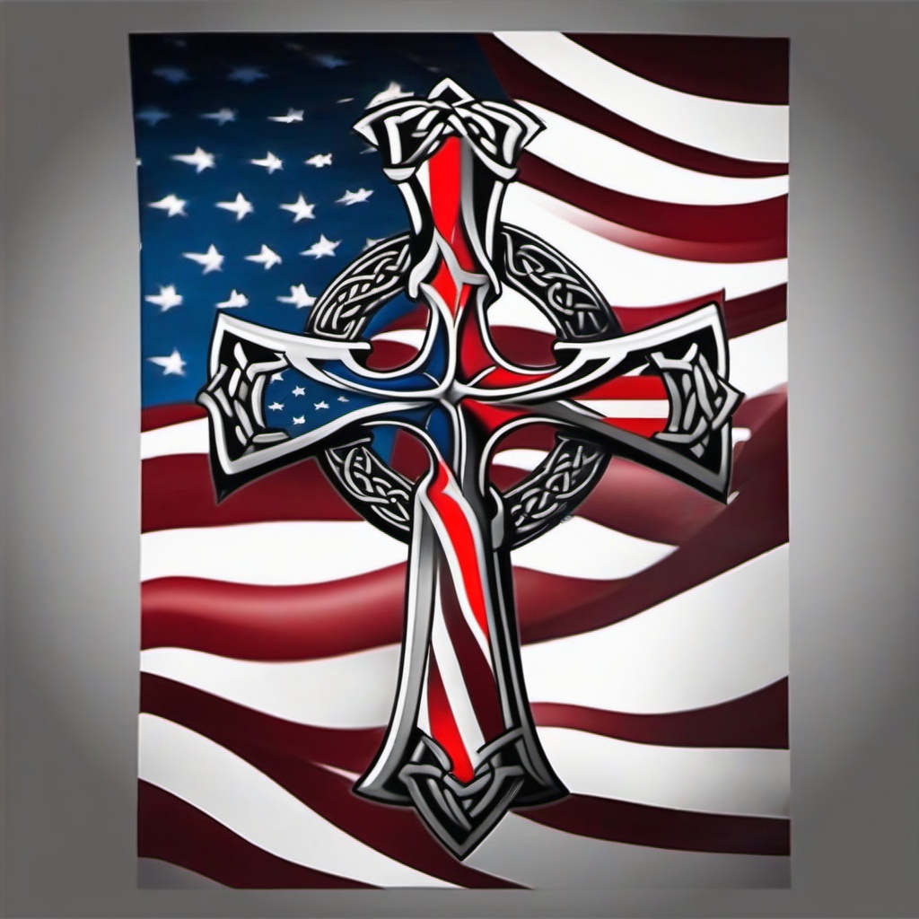 celtic cross american flag tattoo  simple color tattoo,minimal,white background