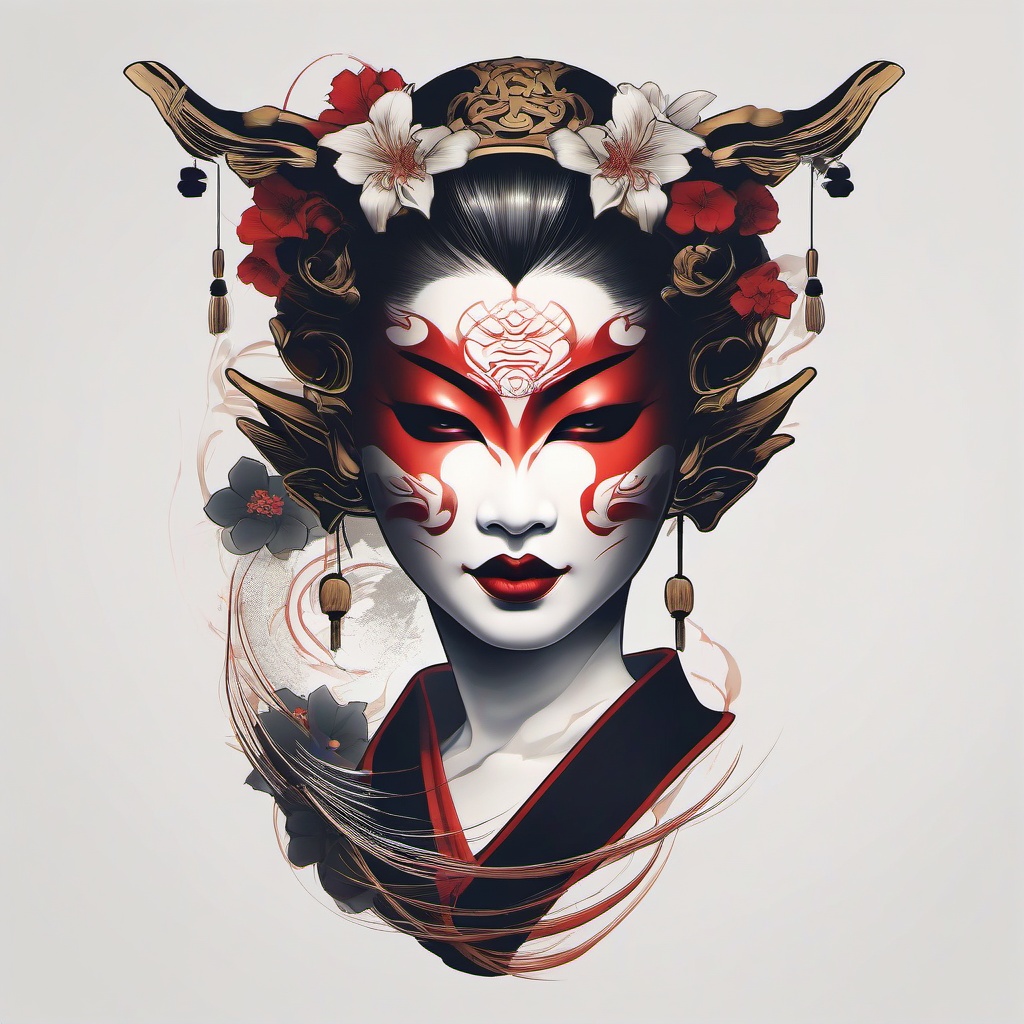 Geisha Hannya Mask - A combination of the expressive Hannya mask and the elegance of a Geisha in tattoo art.  simple color tattoo,white background,minimal