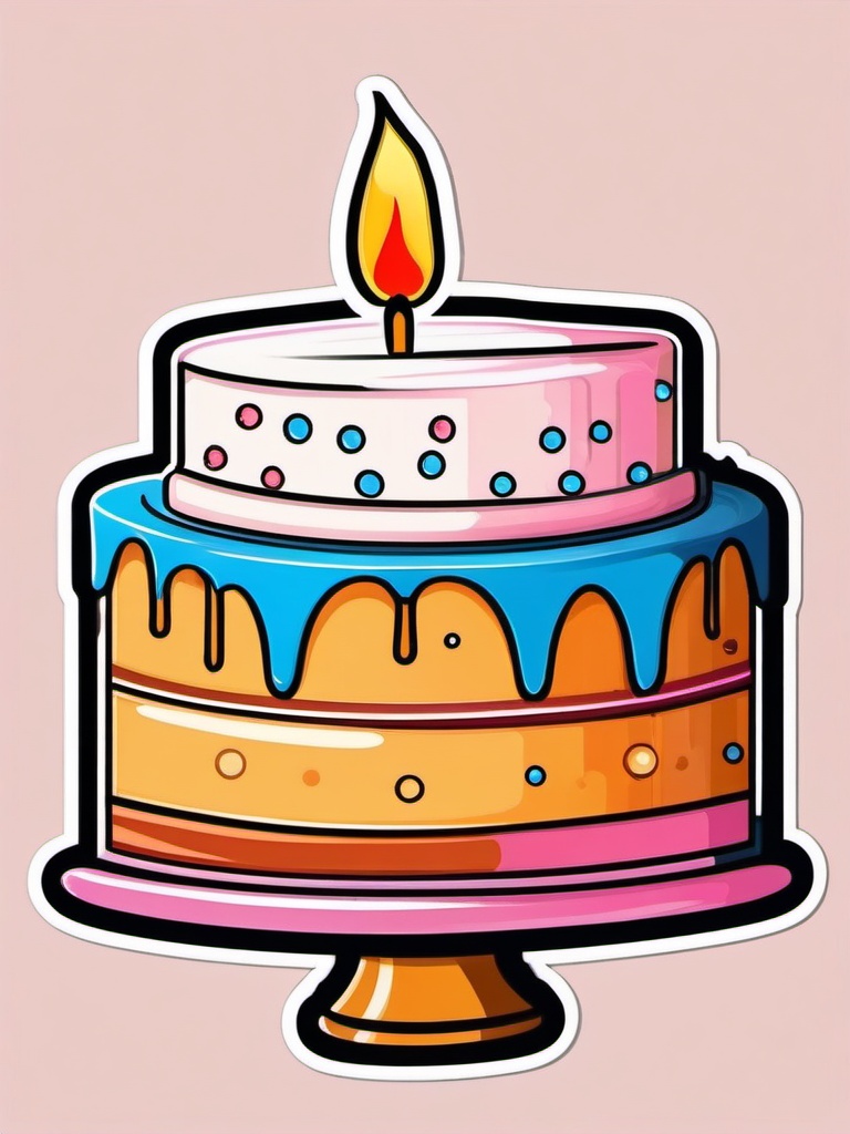 Cake with Candle Sticker - Cake adorned with a lit birthday candle, ,vector color sticker art,minimal