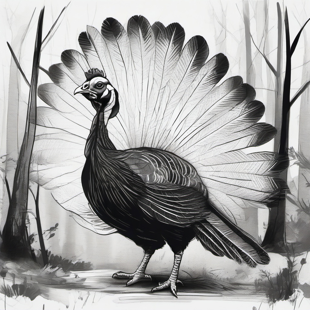 drawing of a turkey in a forest  minimal rough sketch scribbles,doodles,black and white