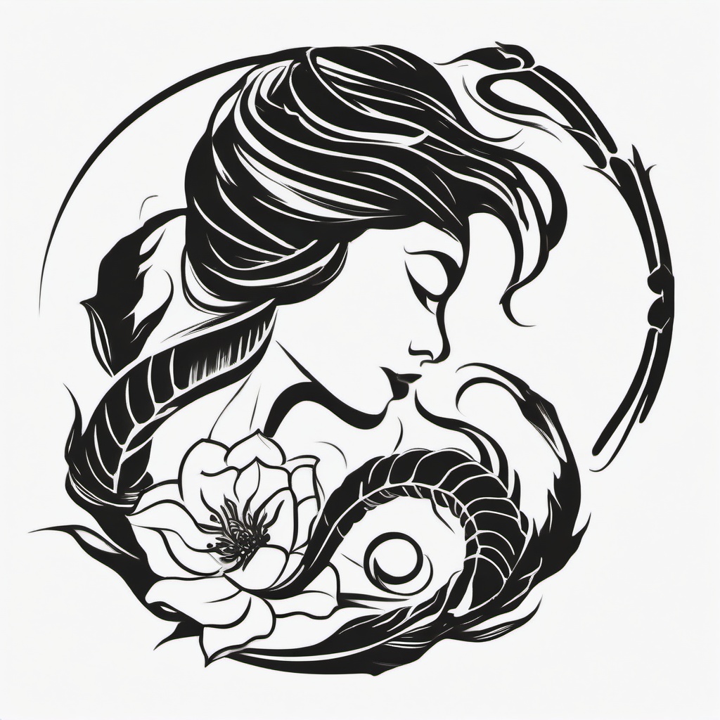 Feminine Scorpio Tattoo - Embrace femininity with a Scorpio tattoo design that exudes grace, elegance, and empowerment.  simple vector color tattoo,minimal,white background