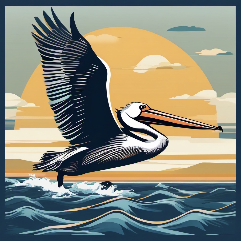 Pelican clipart - Large water bird gliding over the ocean, ,color clipart vector style