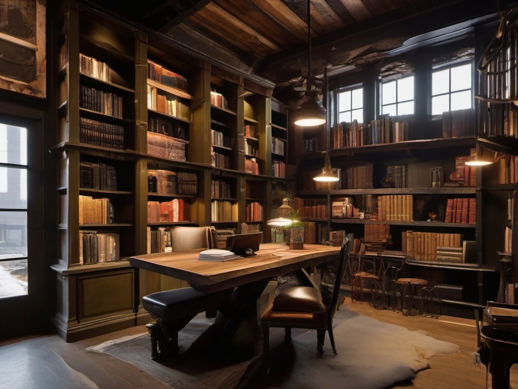 In the library room, Post-Apocalyptic interior design incorporates salvaged shelving, rugged seating, and an array of decor that inspires reading and creativity in a unique setting.  