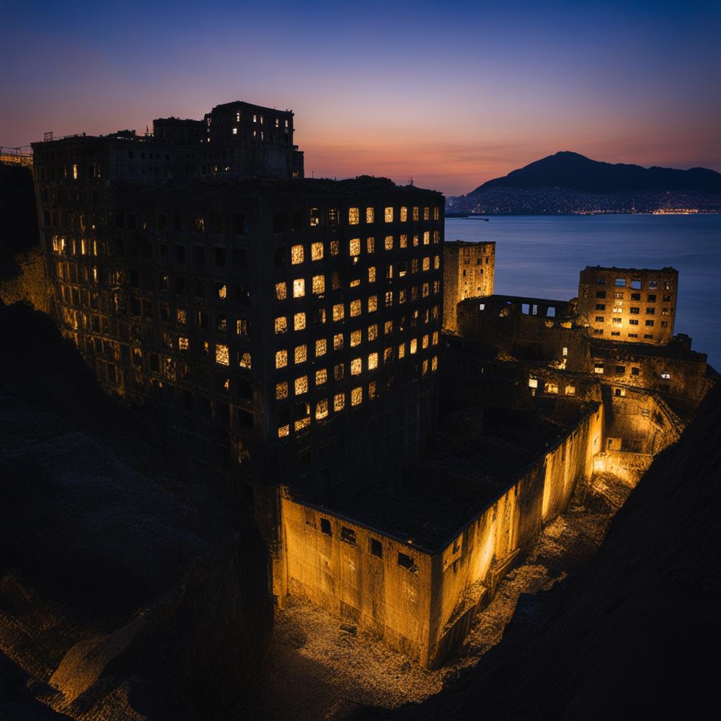 gunkanjima island - imagine the haunting night atmosphere on gunkanjima island, or battleship island, where the abandoned coal mining structures loom in the darkness. 