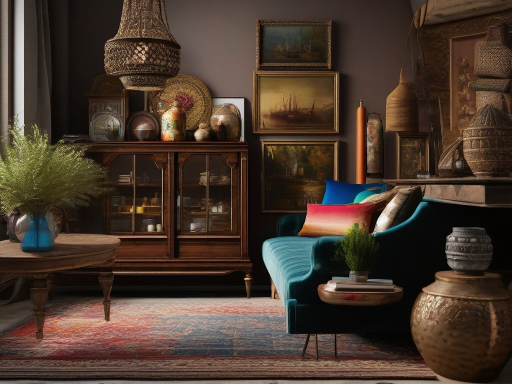 Antique Bazaar Vibes - Add the charm of an antique bazaar to your living room decor. , living room decor ideas, multicoloured, photo realistic, hyper detail, high resolution,