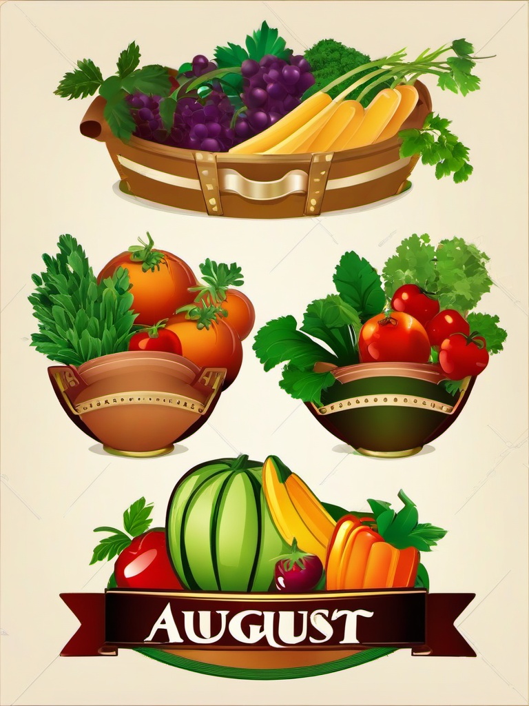 August clipart - August gardening with ripe fruits and vegetables  