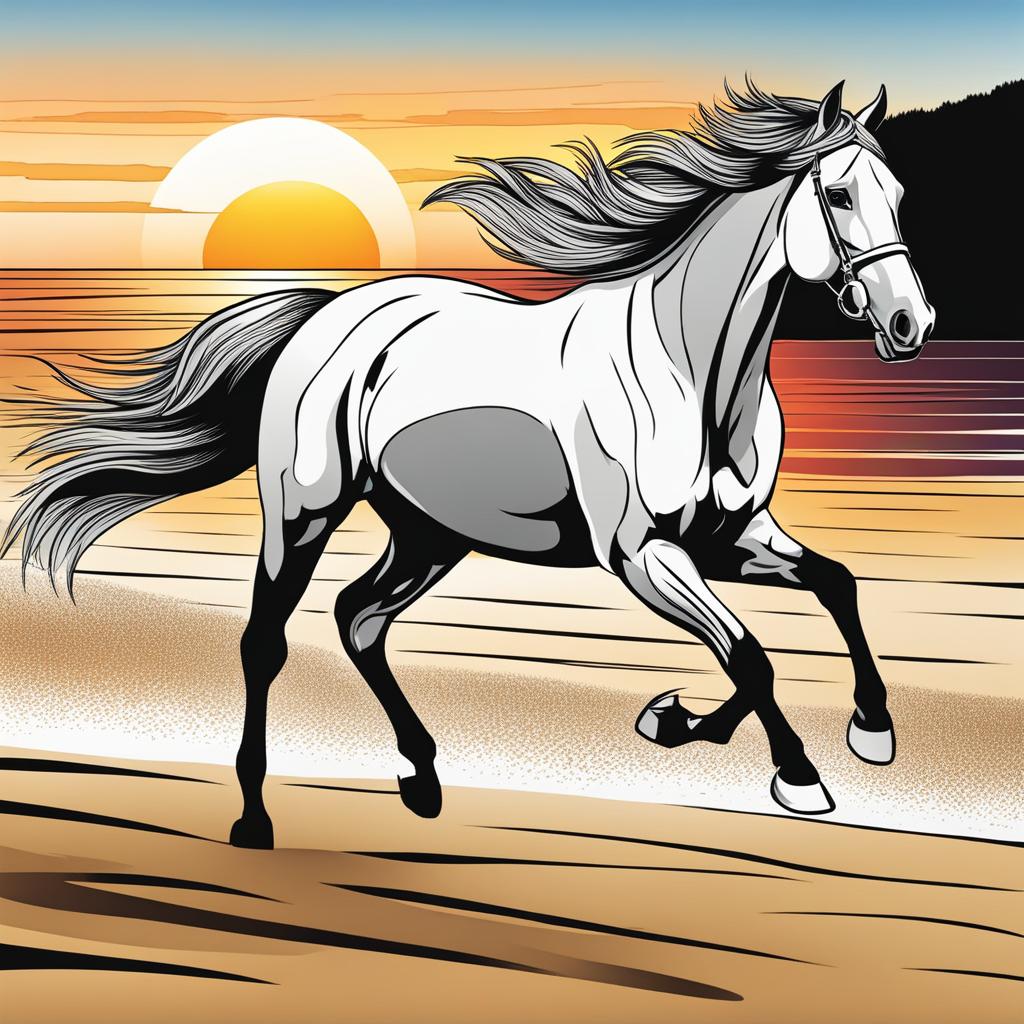 horse coloring pages - horses race along a sandy beach at sunset. 