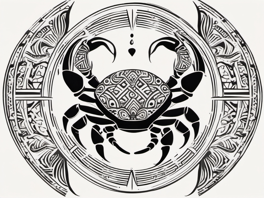 Cancer zodiac with tribal patterns ink. Cultural fusion of water symbolism.  minimalist black white tattoo style