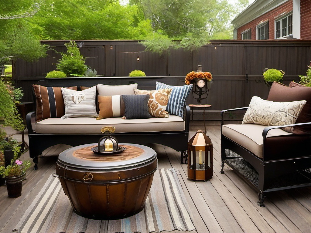 Steampunk patio features vintage-inspired decor, industrial accents, and unique furniture that create a creative and imaginative outdoor space.  