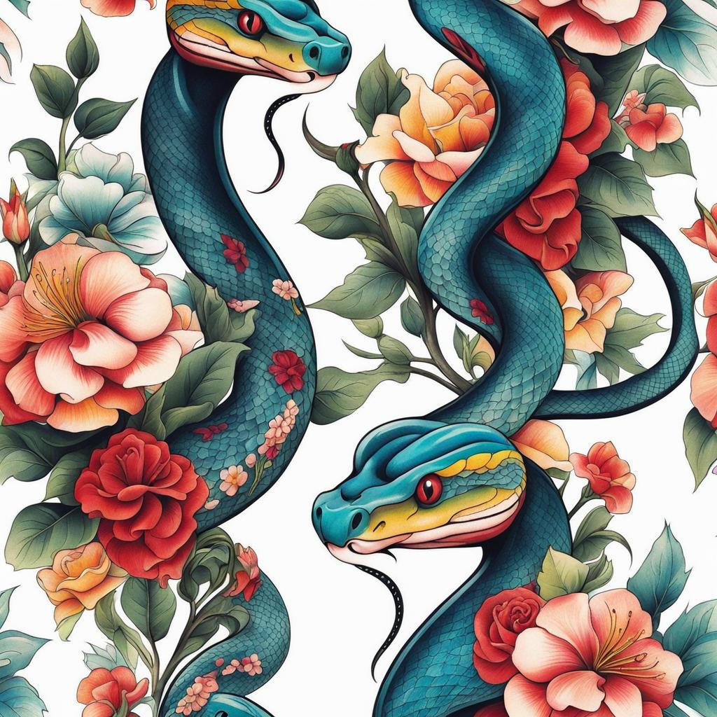 Snake with flowers tattoo, Artistic tattoos featuring both snakes and flowers. colors, tattoo patterns, clean white background