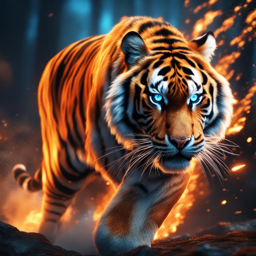 Stalking tiger with blue eyes explosions around, 8k resolution, fantasy concept art, dynamic lighting, hyper and intricately detailed, deep liquid effects color, Unreal engine, volumetric lighting, orange and white complementary colours