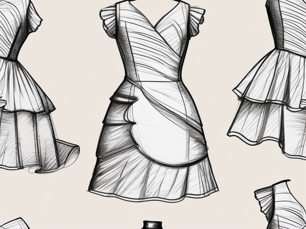 drawing of a dress with ruffles  minimal rough sketch scribbles,doodles,black and white