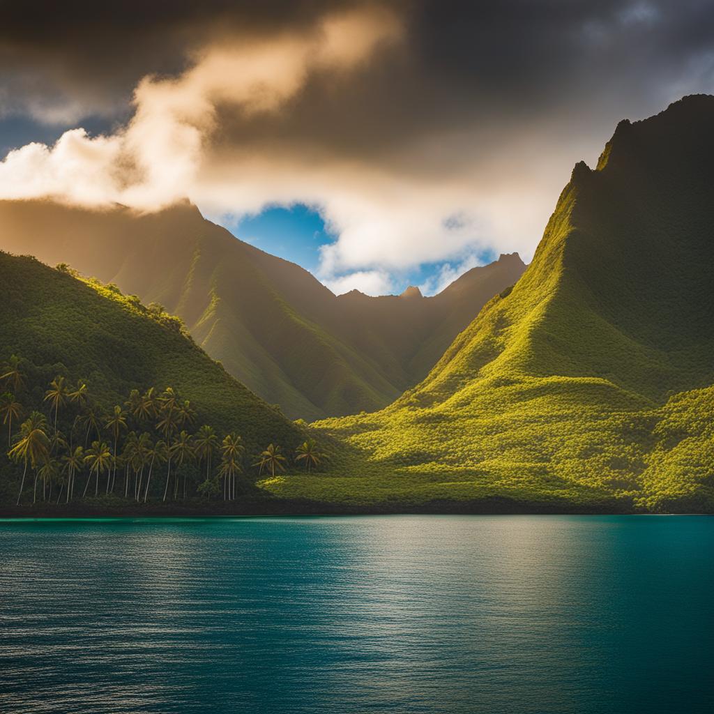 hidden beauty of the marquesas islands - create an artwork that captures the hidden beauty of the marquesas islands in the south pacific, known for their volcanic peaks and lush valleys. 