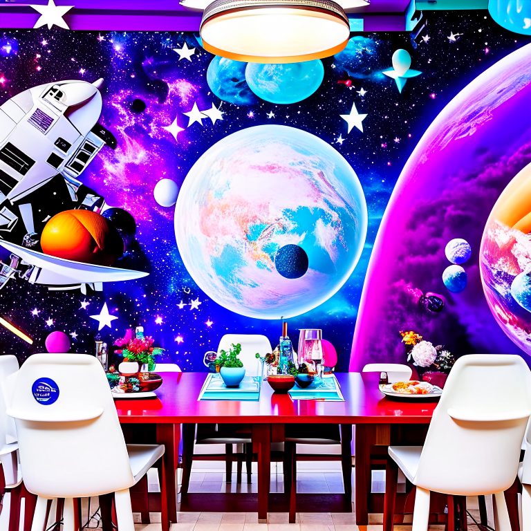 space explorer's dining room with galactic mural and astronaut figurines. 