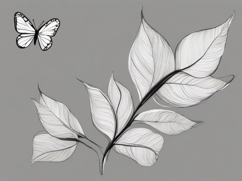 drawing of a leaf with butterflies around it  minimal rough sketch scribbles,doodles,black and white