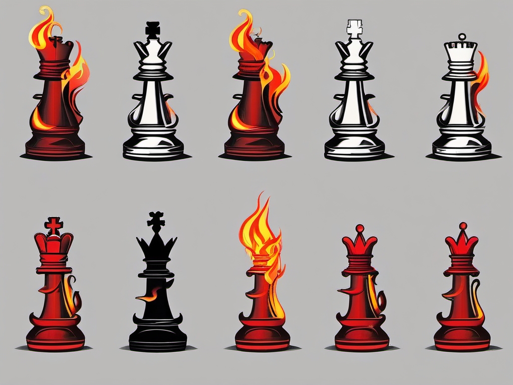 Chess pieces with fiery flames tattoo: Symbolizing the intensity and passion within the game.  simple color tattoo style