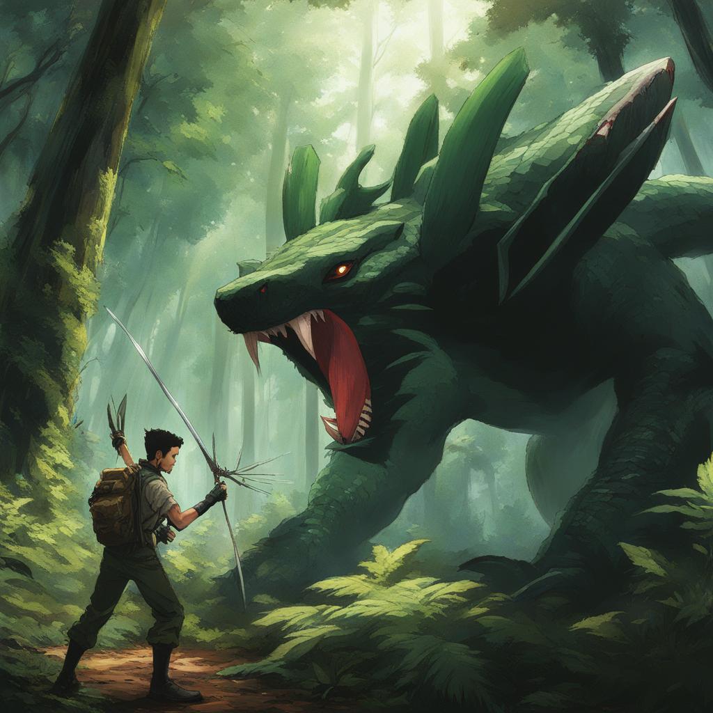 gon freecss confronts a massive chimera ant in a dense forest during a high-stakes battle. 