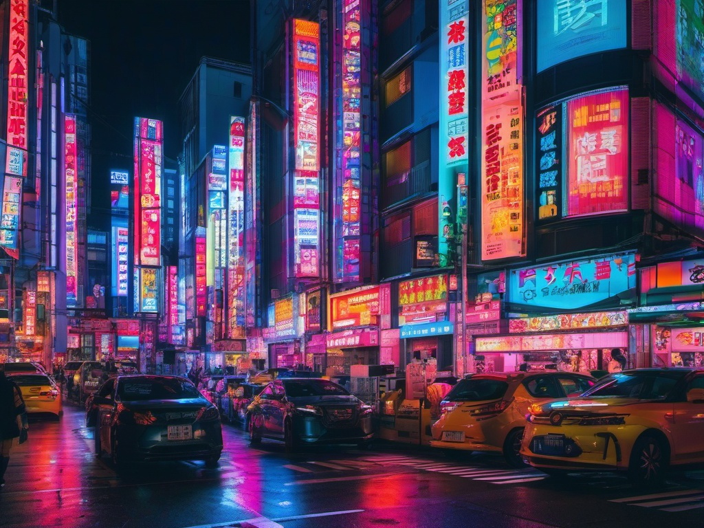 Cool Wallpapers - Neon Lights in Tokyo's Akihabara District wallpaper splash art, vibrant colors, intricate patterns