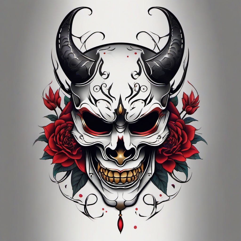 hannya mask and skull tattoo  simple color tattoo,white background,minimal