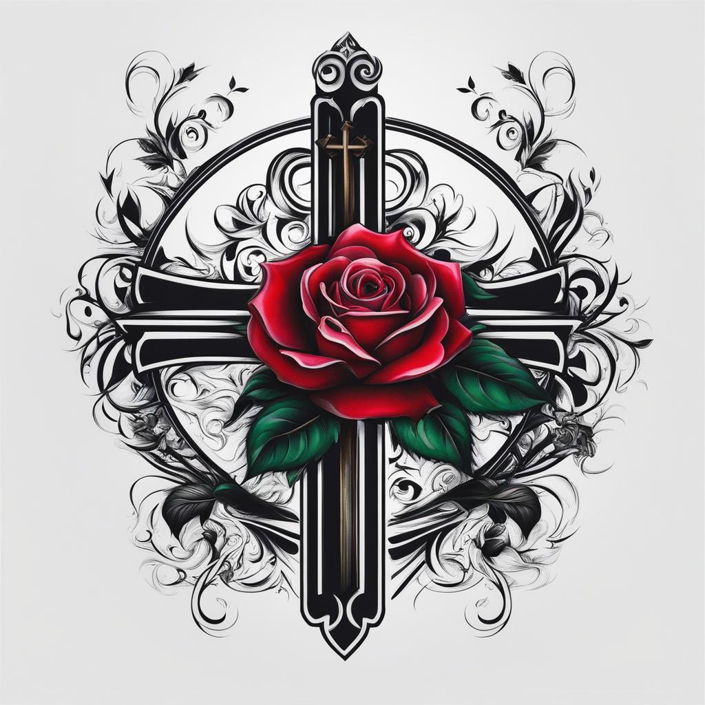 Rose with cross tattoo, Combining roses with cross symbols in tattoo art. , color tattoo design, clean white background