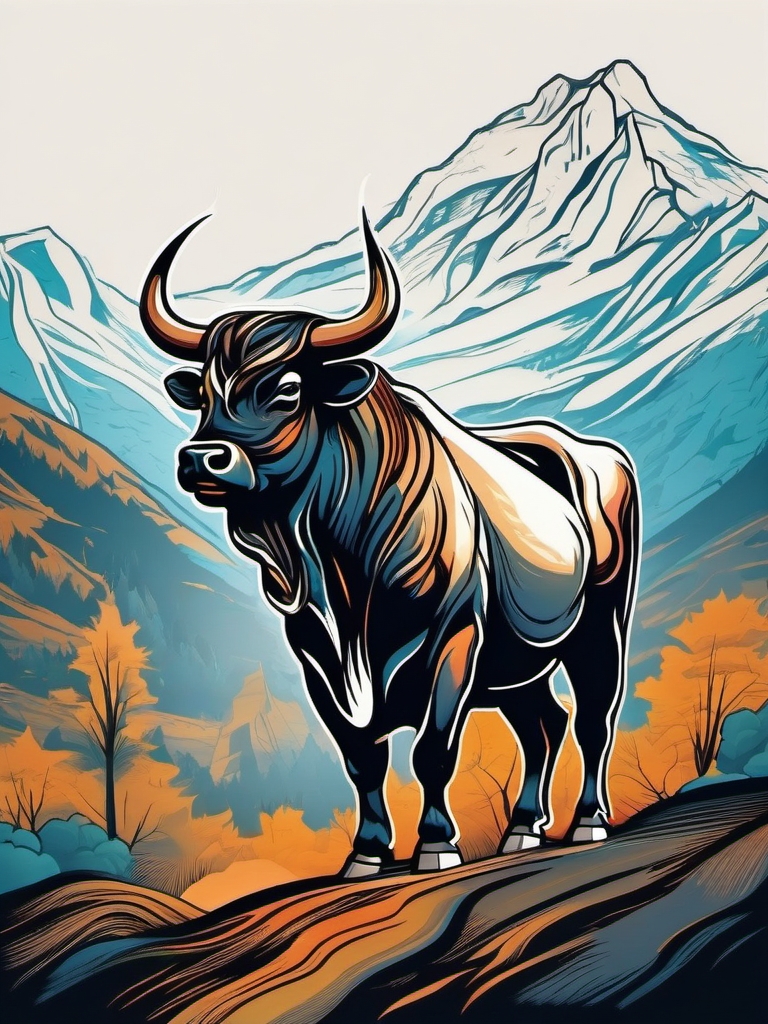 Bull and mountain landscape tattoo. Symbol of unwavering strength.  color tattoo design, white background