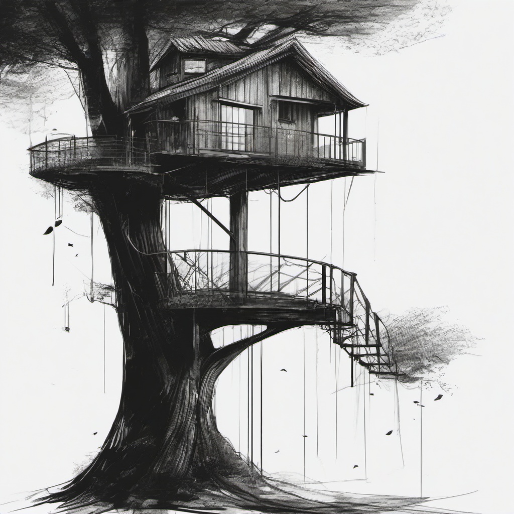 drawing of a tree house  minimal rough scribbles,doodles,black and white