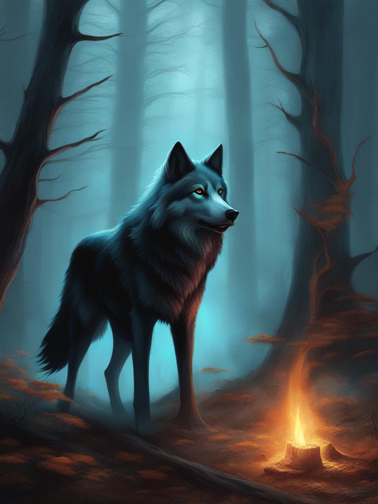 illustrate a haunted forest with spectral wolves and ghostly apparitions. 