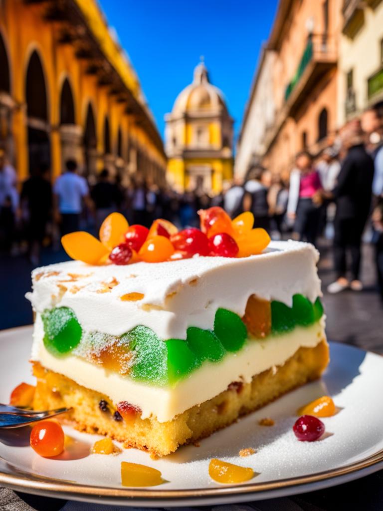 cassata, sicilian ricotta cake with candied fruit, devoured at a colorful street carnival in palermo. 