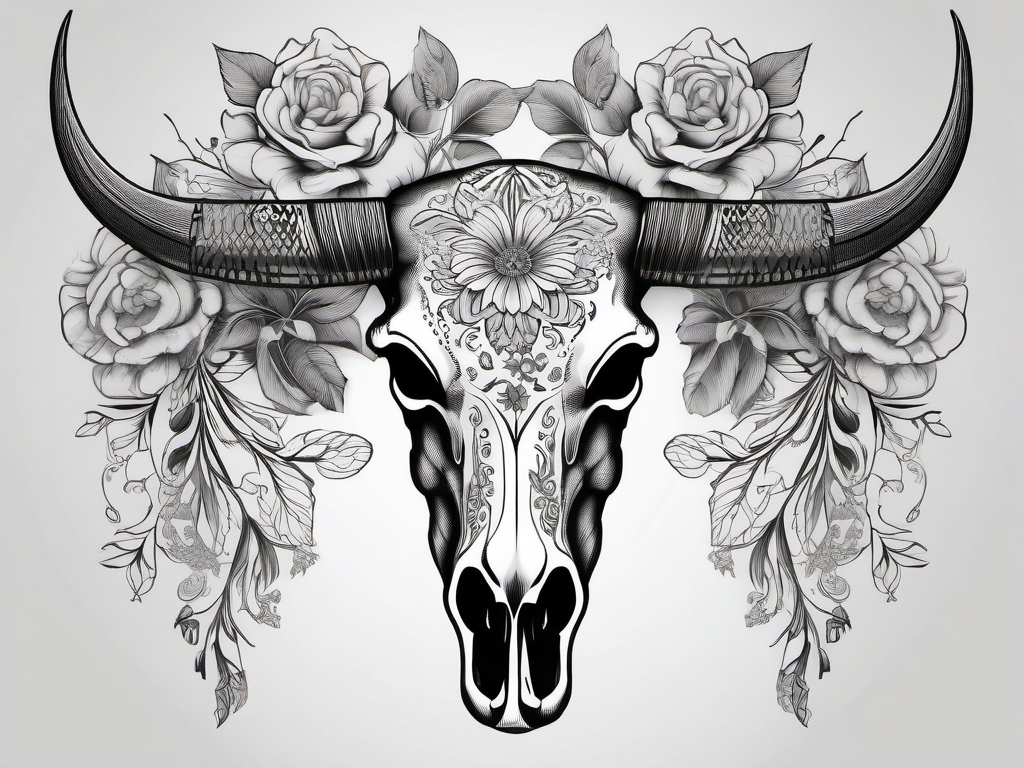 Intricate floral steer skull design: Nature's bounty, adorned elegance.  black and white tattoo style