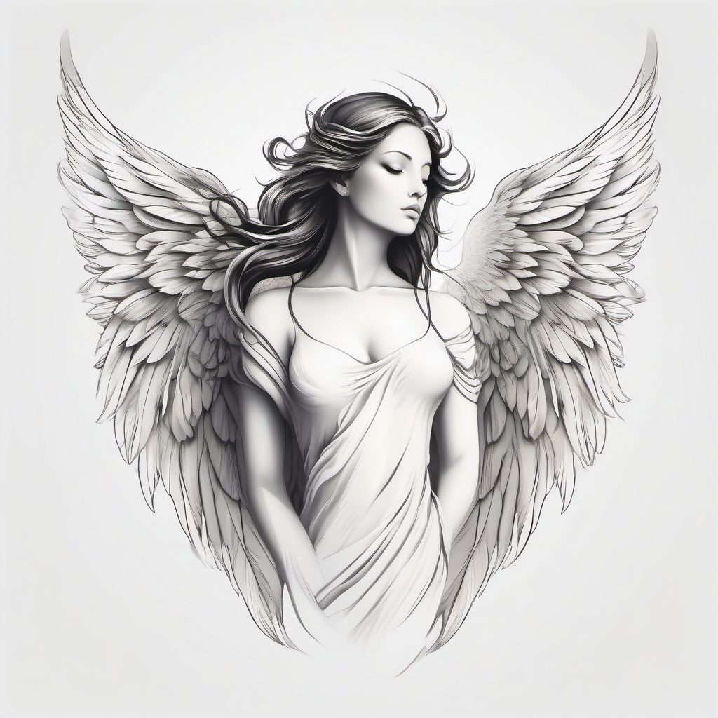 Angel Tattoo-ethereal angelic figure with flowing wings and serene expression. Colored tattoo designs, minimalist, white background.  color tatto style, minimalist design, white background