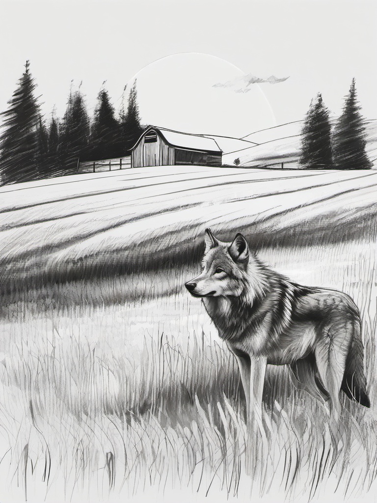 drawing of a wolf in farm  minimal rough sketch scribbles,doodles,black and white