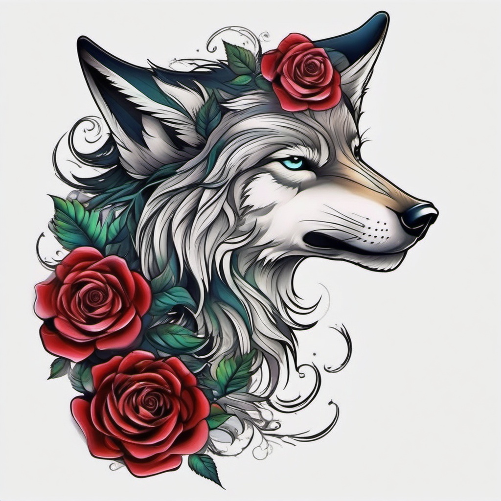 Rose Wolf Tattoo,fusion of the rose and wolf, celebration of the balance between grace and power. , color tattoo design, white clean background