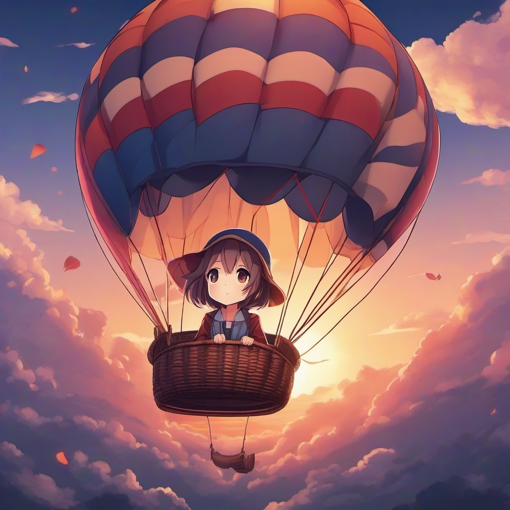 Anime character enjoying a peaceful moment in a hot air balloon.  front facing ,centered portrait shot, cute anime color style, pfp, full face visible