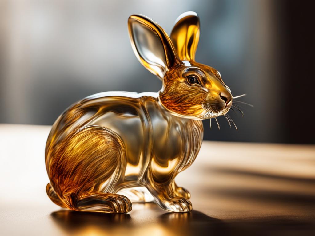 Hyperrealistic blown glass rabbit figurine. Transparent with Gold highlights. Hyperrealistic, splash art, concept art, mid shot, intricately detailed, DSLR HDR