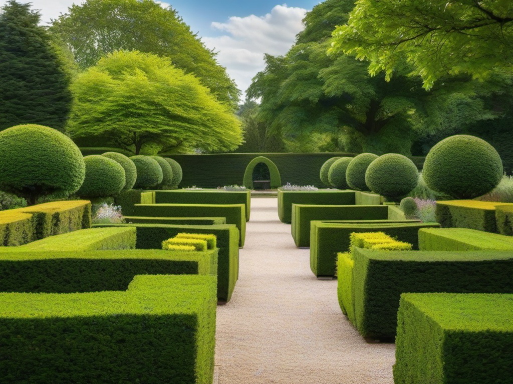 Traditional English garden with manicured hedges and stone paths.  