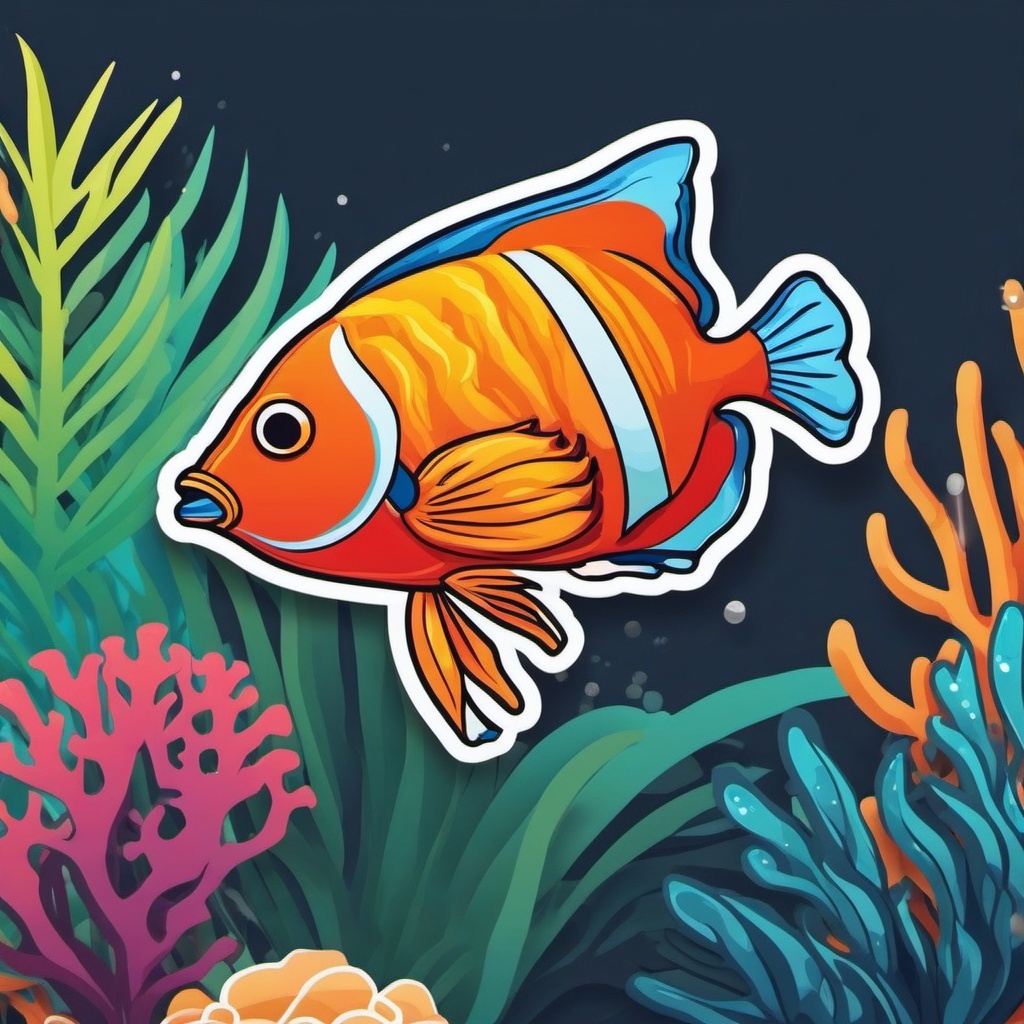 Tropical Fish Sticker - Colorful tropical fish swimming in a coral reef. ,vector color sticker art,minimal