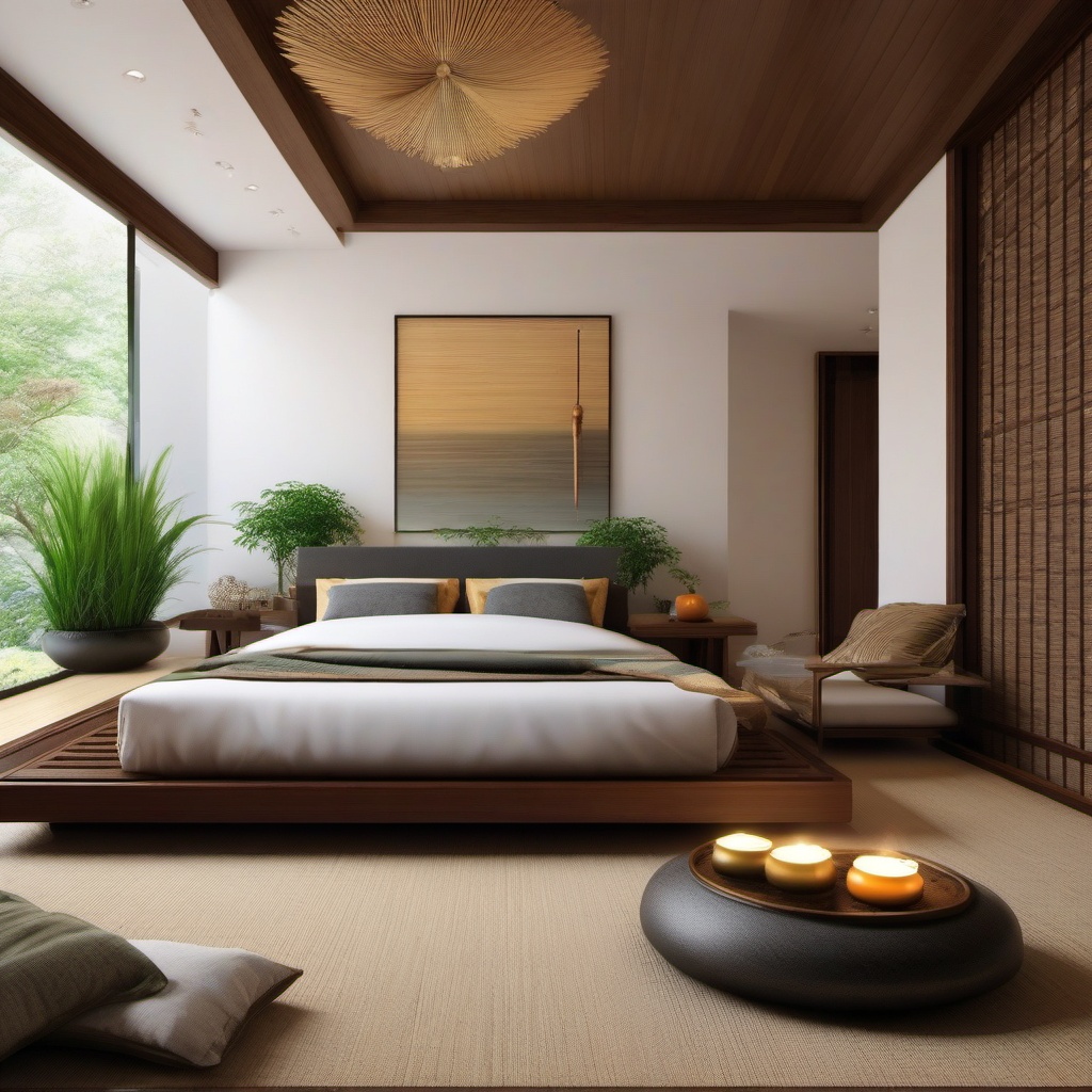 Zen Garden Sleeping Sanctuary - Create a tranquil bedroom with the serenity of a zen garden. , bedroom interior decor design ideas, multicoloured, photo realistic, hyper detail, high resolution,