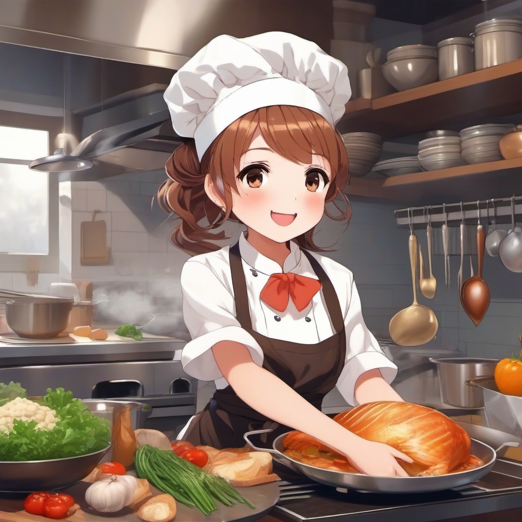 Adorable anime chef, wearing a chef's hat and apron, joyfully preparing a delectable feast in a bustling kitchen.  front facing ,centered portrait shot, cute anime color style, pfp, full face visible