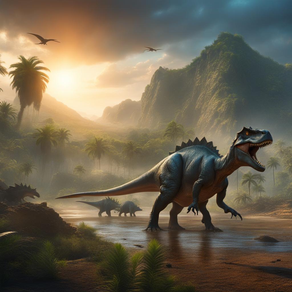 Dinosaurs roam the earth again, captured in stunning HDR and UHD 8k resolution, fantasy concept art, dynamic lighting, hyper and intricately detailed, deep liquid effects color