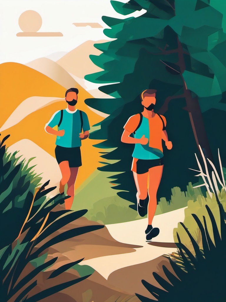 Trail Running in Nature Clipart - Trail runners in a natural landscape.  color vector clipart, minimal style