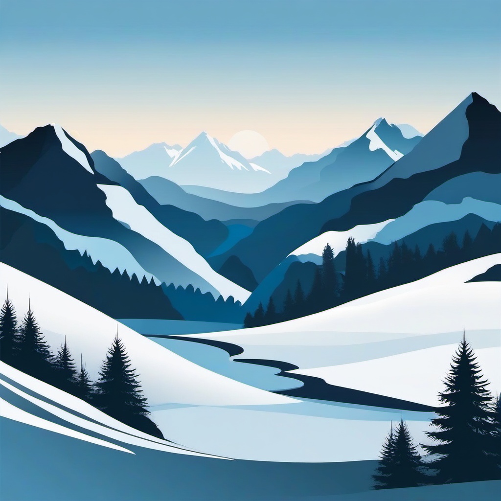 Winter Landscape clipart - Expansive winter landscape with mountains, ,vector color clipart,minimal