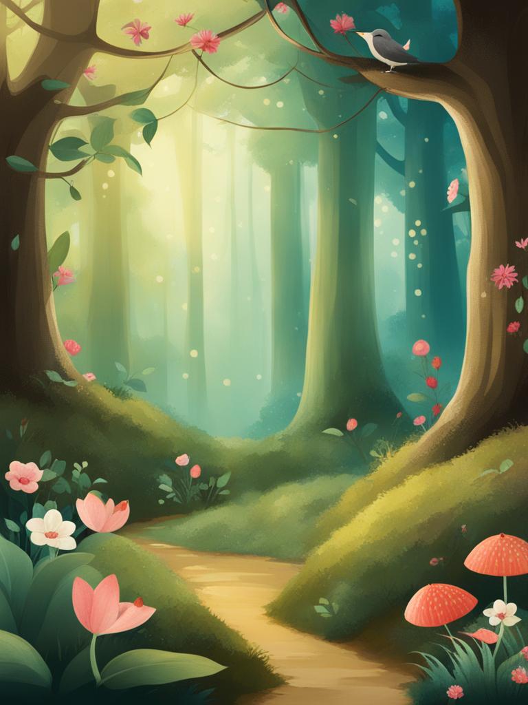 cute clipart: inhabiting a whimsical enchanted forest. 