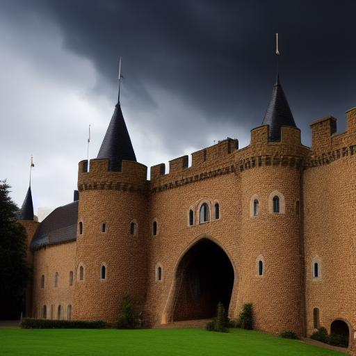 the front of a big, tall, round medieval fantasy castle with three levels and a stormy sky