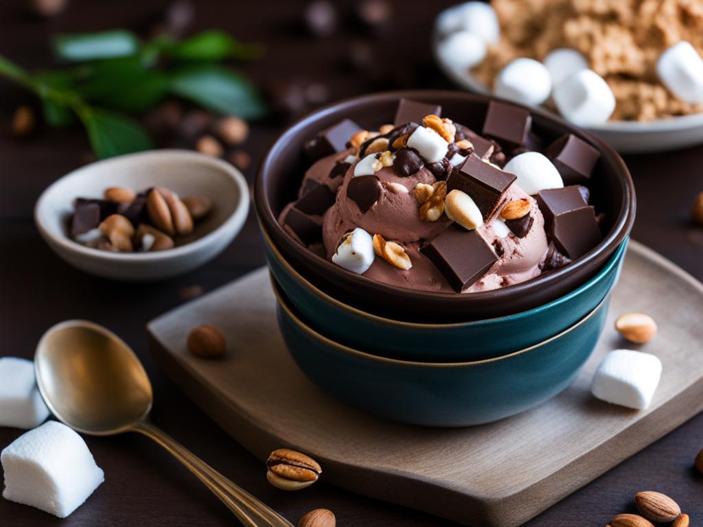 rocky road ice cream with chocolate, marshmallows, and nuts. 