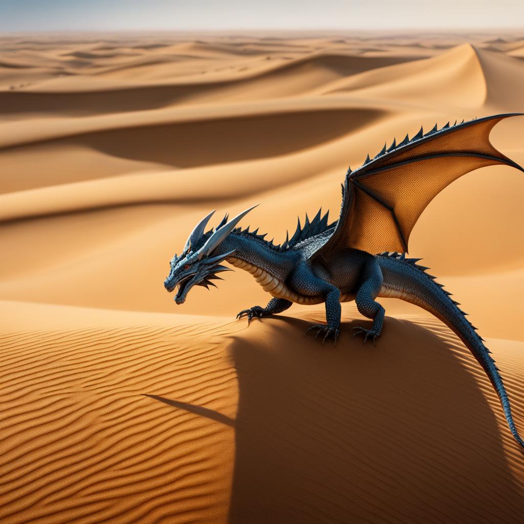 desert dragon traversing the vast dunes of a scorching desert, its sand-colored scales providing perfect camouflage. 