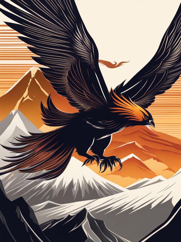 legendary phoenix soaring high above a breathtaking mountain range. 