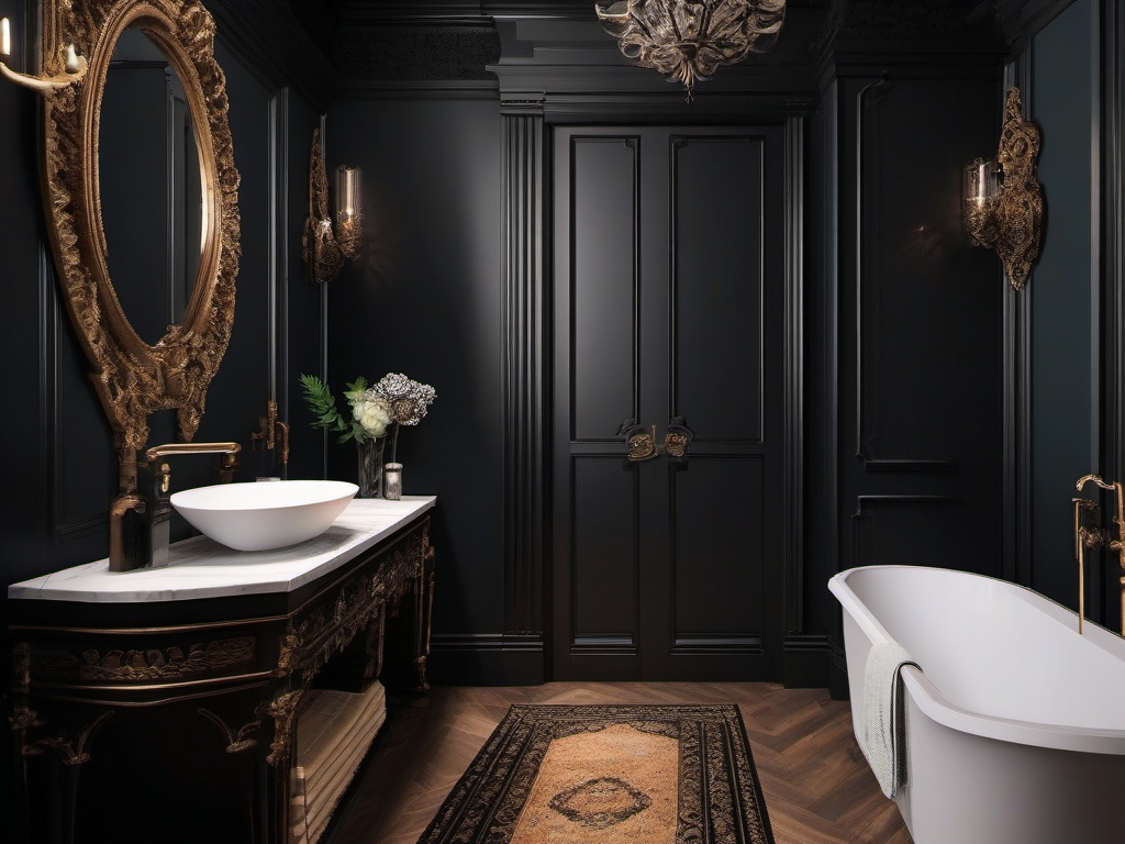 A small bathroom designed with Gothic interior design highlights rich colors, ornate fixtures, and detailed decor that make the space feel both cozy and extravagant.  