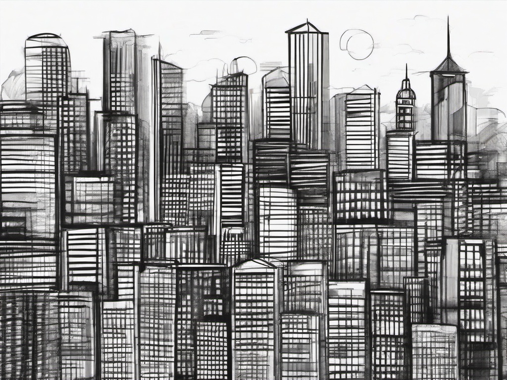 drawing of a city skyline landscape  minimal rough sketch scribbles,doodles,black and white